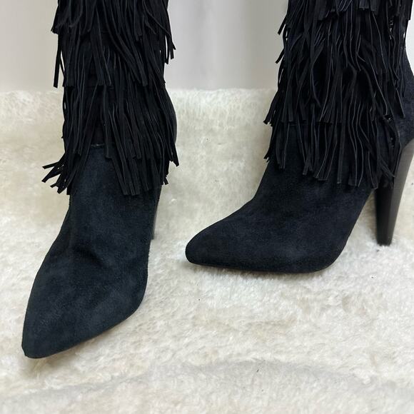 Steve Madden Maraka Over Knee Stiletto Heel Suede Fringe Boots Size 7 Black - Picture 7 of 16